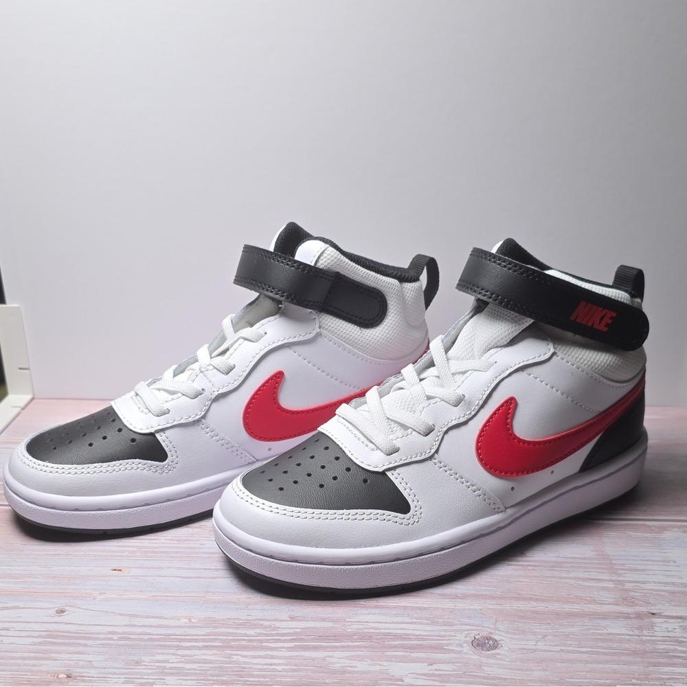 Nike Court Borough Mid 2 PSV Kids Mid Top Sneakers White/Red Strap Lace 1Y